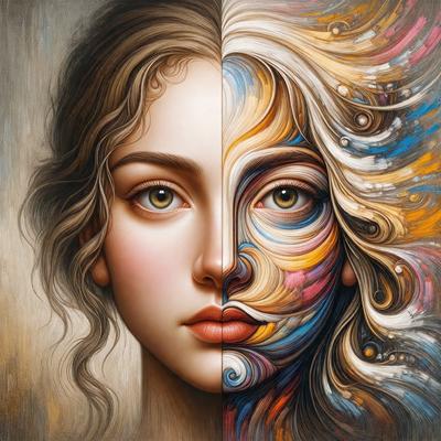 The primary subject of the image is a woman's face, which is depicted in two different styles. One half of the face is painted in a more traditional, realistic style, while the other half is painted in a more abstract, artistic style. The setting is a painting, and the visual style is a combination of digital art and illustration. The colors and mood of the image are vibrant and dynamic, with a focus on the contrast between the two different styles of the woman's face.
